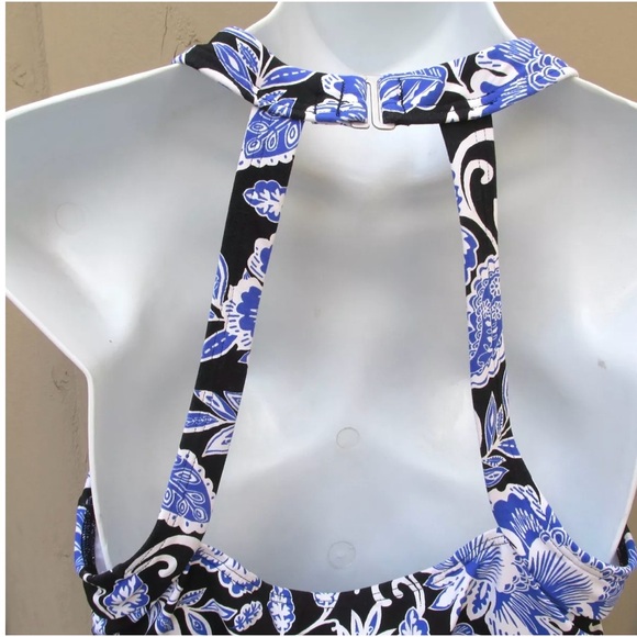 Lands End Swimsuit Tankini Top 12 Black White Floral Blue Padded Shelf Bra - Picture 6 of 9